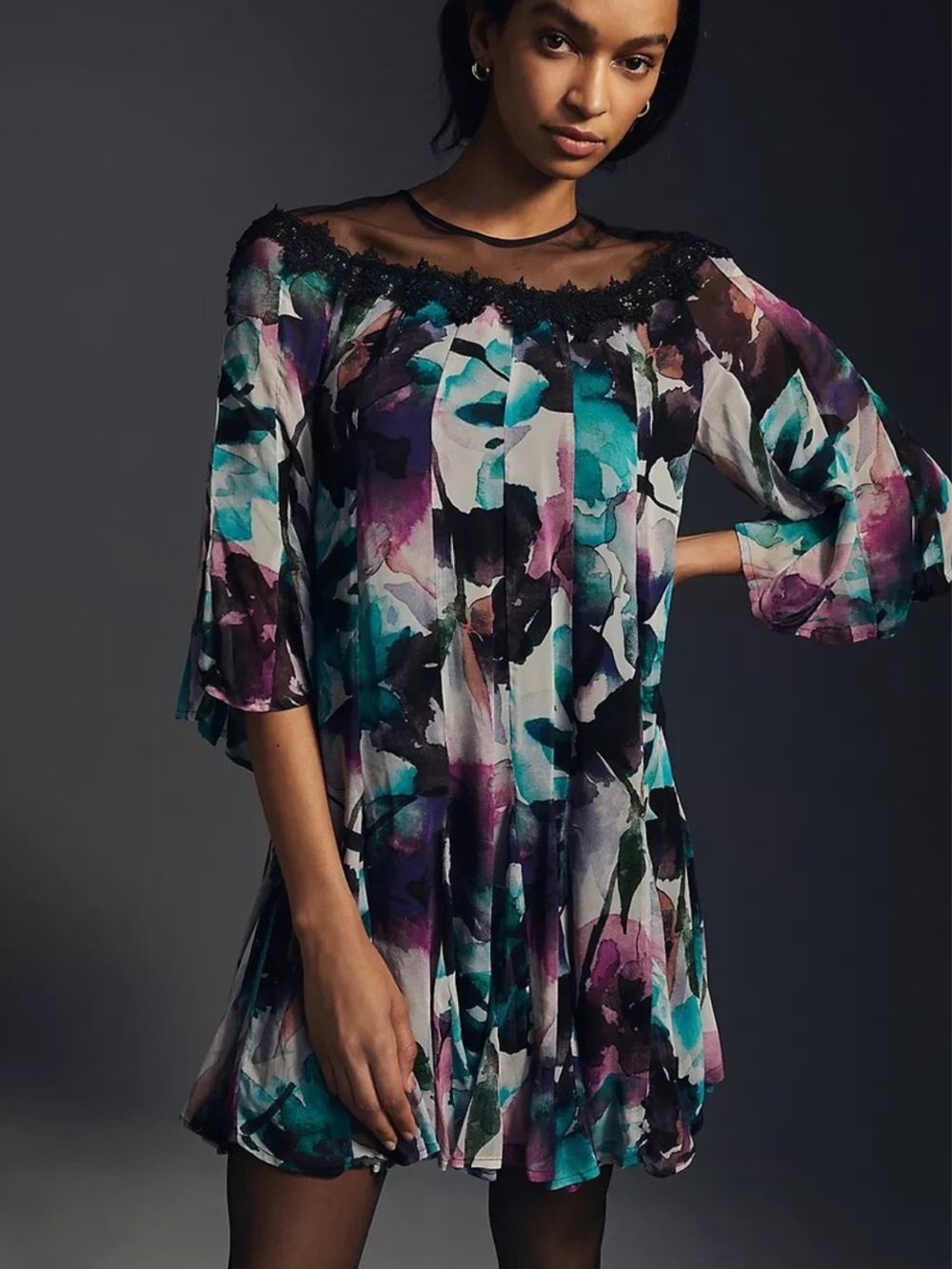 Anthropologie Floral Sheer Mesh Lace Trim Bell Sleeve Shift Dress Size S